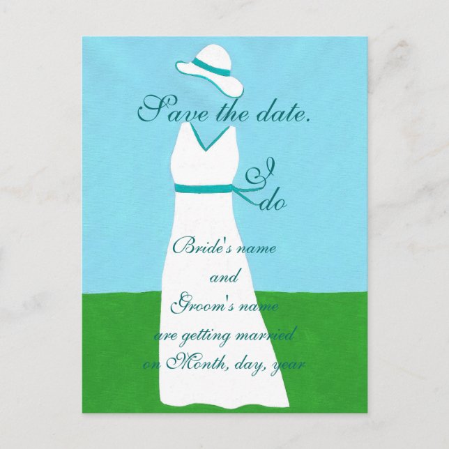 Save the date postcards, Turquoise wedding dress Announcement Postcard (Front)
