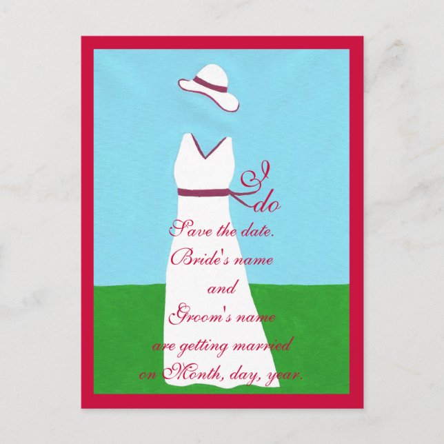 Save the date postcards, wedding dress, red announcement postcard (Front)