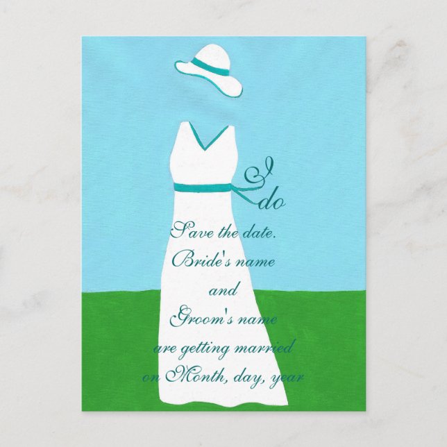 Save the date postcards, wedding dress, turquoise announcement postcard (Front)