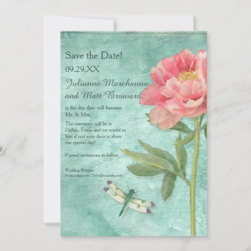 Save the Date Pretty Peony Flowers n Dragonfly