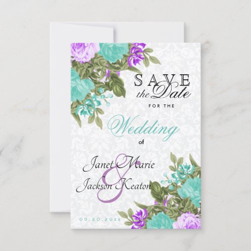 Save the Date Pretty Teal and Purple Flowers