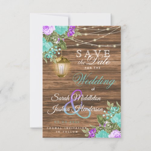Save the Date Pretty Wood Teal and Purple Flowers
