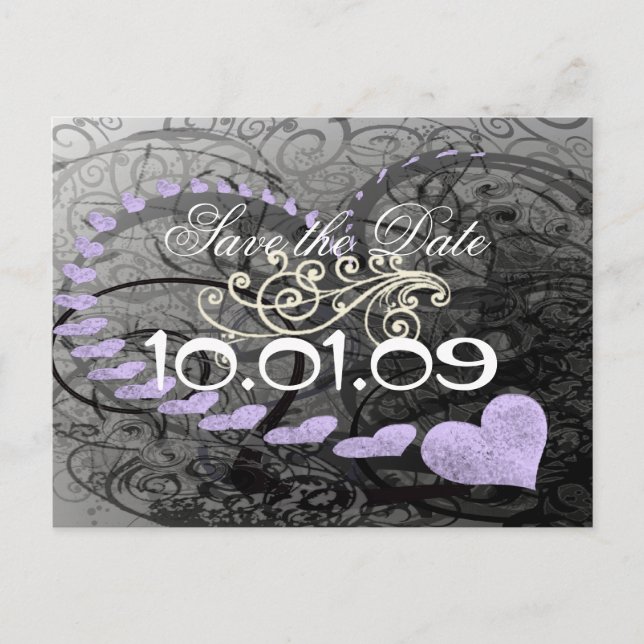 Save The Date Purple and Gray Hearts and Swirl Announcement Postcard (Front)