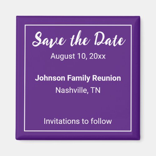 Save the Date Purple and White Name Family Reunion Magnet