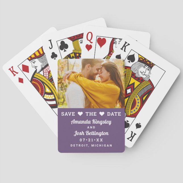 Save the Date Purple Custom Wedding Photo Poker Cards (Back)