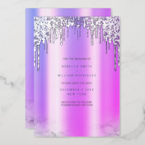 Save The Date Purple Glitter Drips Silver Foil Holiday Card