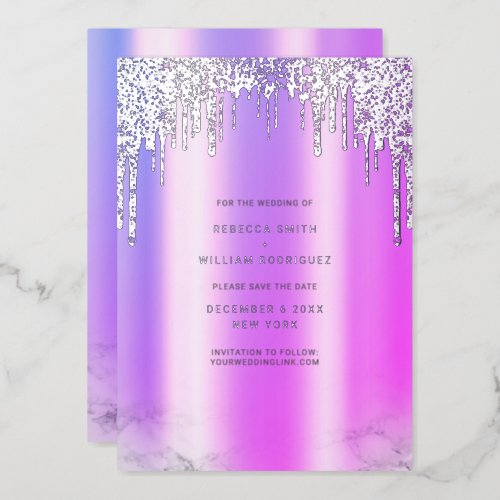 Save The Date Purple Glitter Drips Silver Foil Holiday Card