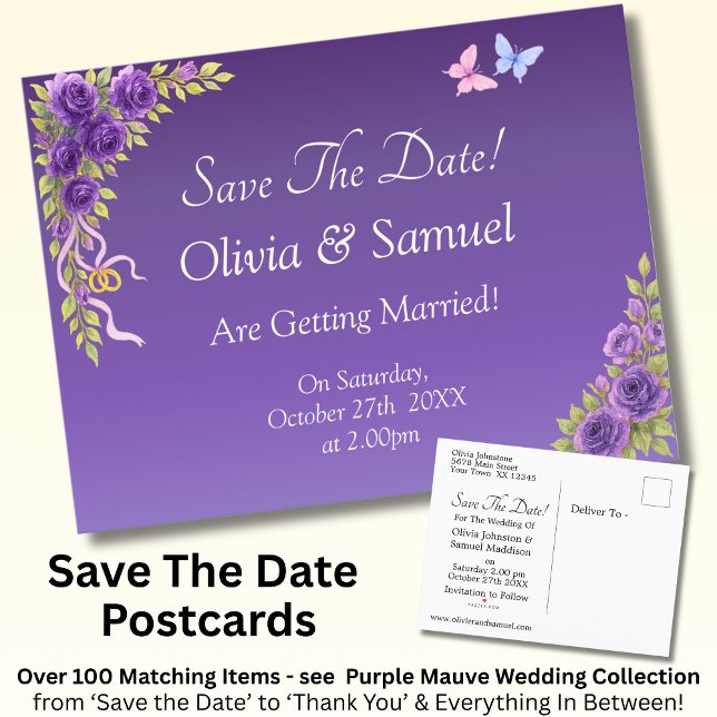 Save The Date - Purple Mauve Flowers & White Announcement Postcard (Creator Uploaded)