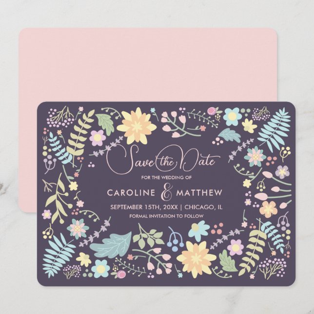 Save the Date. Purple Pink Floral Wedding Card (Front/Back)