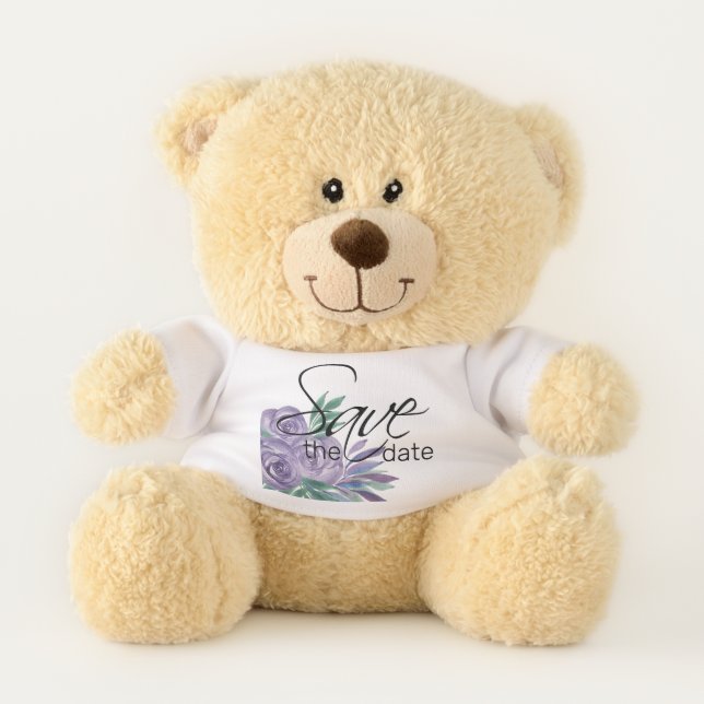 Save The Date Purple Roses Watercolor Teddy Bear (Front)
