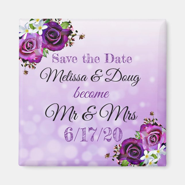 Save the Date Purple Roses Wedding Magnet (Front)