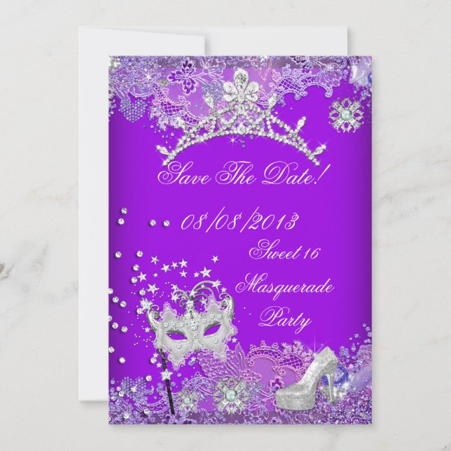 Save The Date Purple Sweet Sixteen 16 Masquerade 2 (Front)