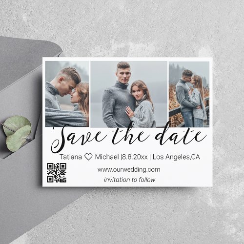 save the date qr code 3 photo collage wedding chic announcement postcard