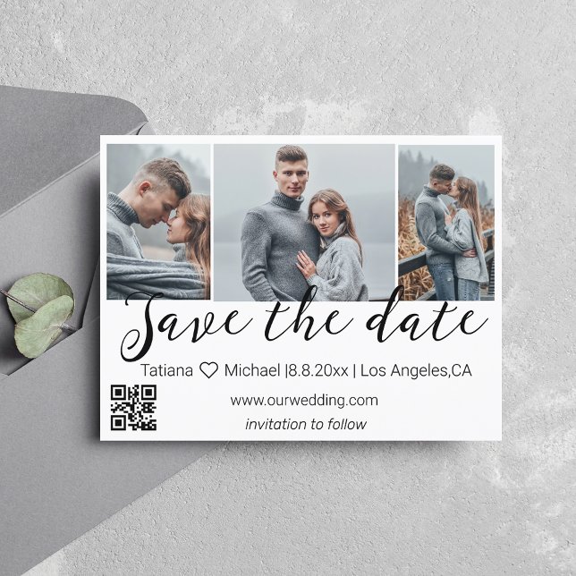 save the date qr code 3 photo collage wedding chic announcement postcard (Creator Uploaded)