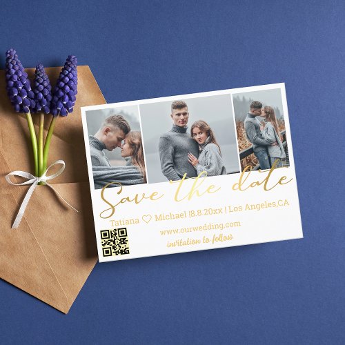 save the date qr code 3 photo collage wedding gold announcement postcard