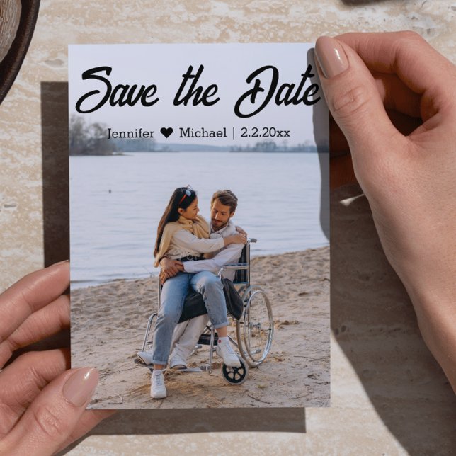 save the date qr code calligraphy couple photo  announcement postcard (Creator Uploaded)