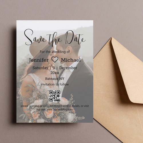  save the date qr code couple faded photo wedding  announcement postcard