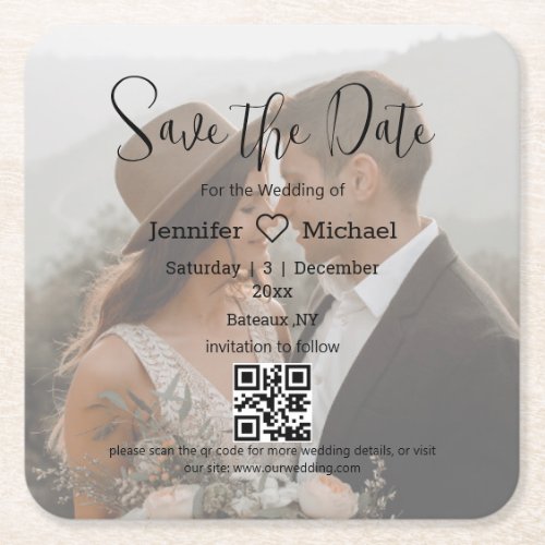 save the date qr code couple photo boho wedding  square paper coaster