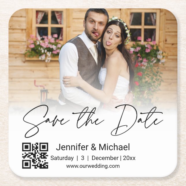 save the date qr code couple photo stylish square paper coaster (Front)