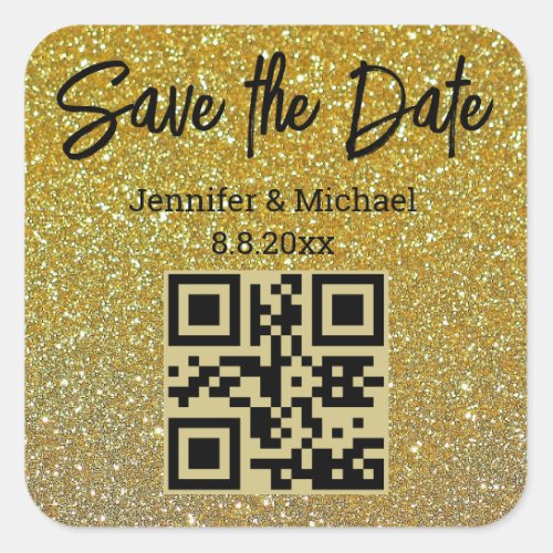 save the dateqr code gold glitters chic wedding  square sticker