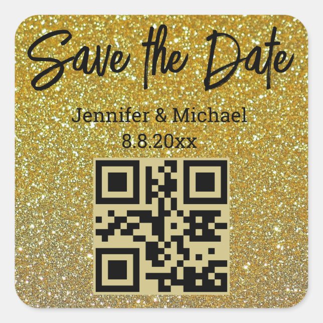 save the date,qr code gold glitters chic wedding  square sticker (Front)