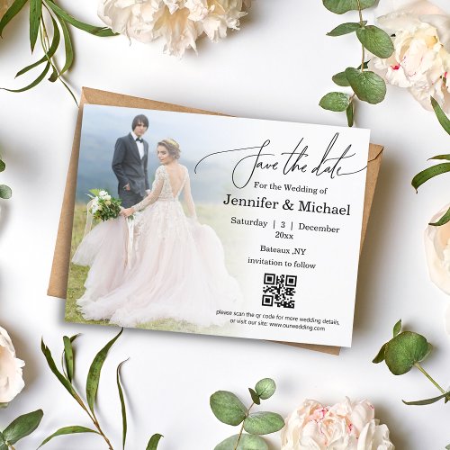  save the date qr code minimal photo wedding  announcement postcard