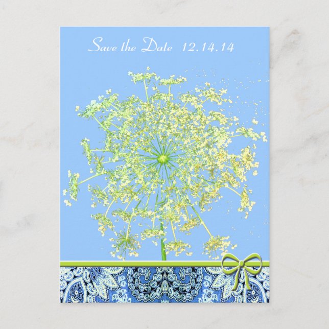 Save The Date  Queen Anne's Lace Lapis Blue Green Announcement Postcard (Front)