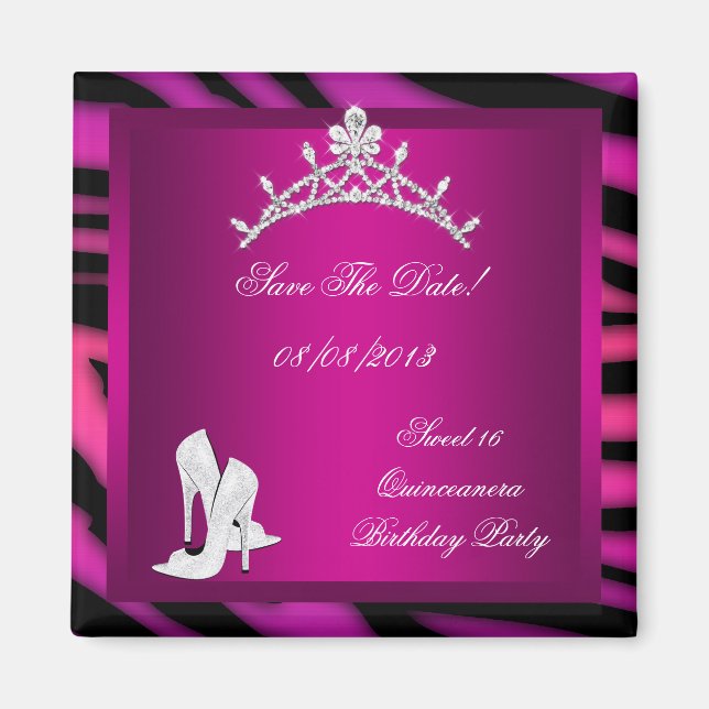 Save The Date Quinceanera or Sweet 16 Tiara Pink Magnet (Front)