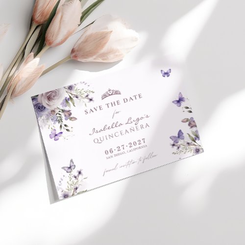 Save The Date Quinceaera Purple Butterfly Floral Invitation