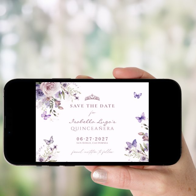 Save The Date Quinceañera Purple Butterfly Floral Invitation (Front Digital)