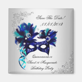Save The Date Quinceanera Sweet 16 Masquerade Blue Magnet