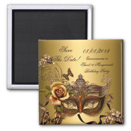 Save The Date Quinceanera Sweet 16 Masquerade Gold Magnet