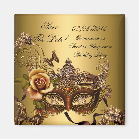 Save The Date Quinceanera Sweet 16 Masquerade Gold Magnet ...