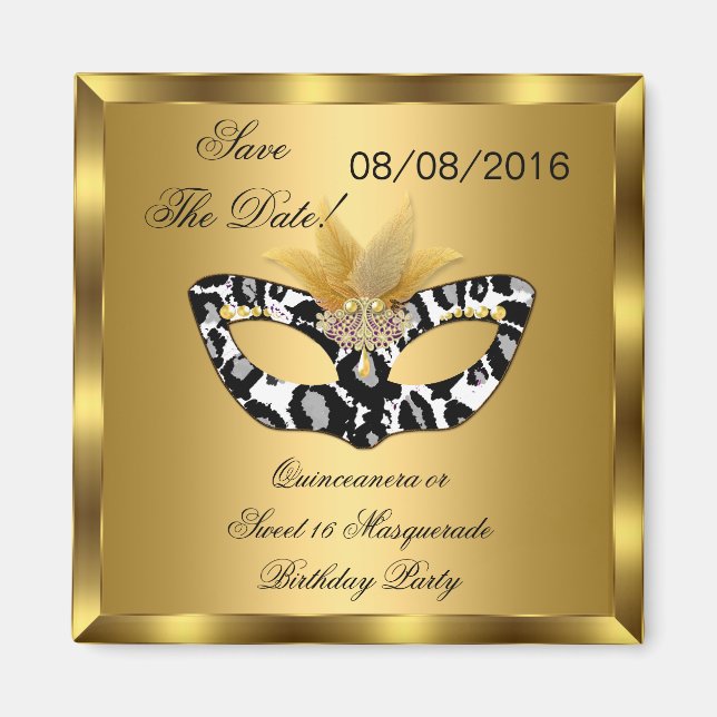 Save The Date Quinceanera Sweet 16 Masquerade Gold Magnet (Front)