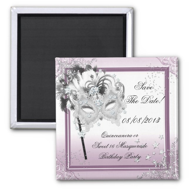 Save The Date Quinceanera Sweet 16 Masquerade Pink Magnet (Front)