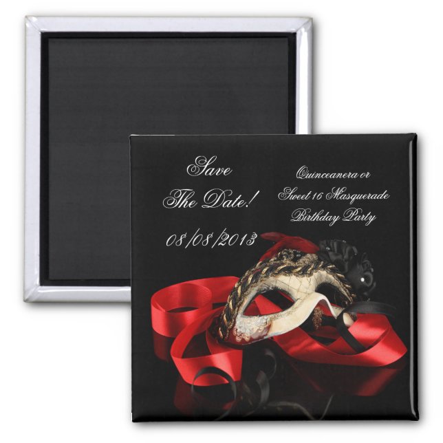 Save The Date Quinceanera Sweet 16 Masquerade Red Magnet (Front)