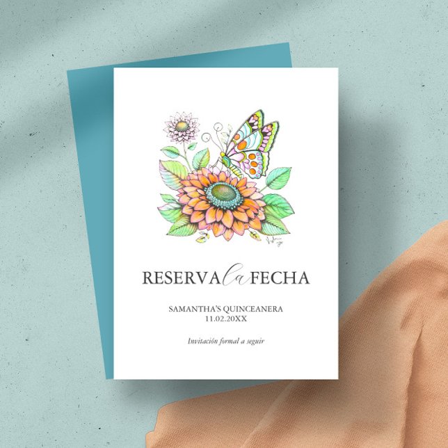 Save the Date Quinceañeras Butterflies (Quinceanera save the date invitation features unique butterfly art by Victoria Grigaliunas)