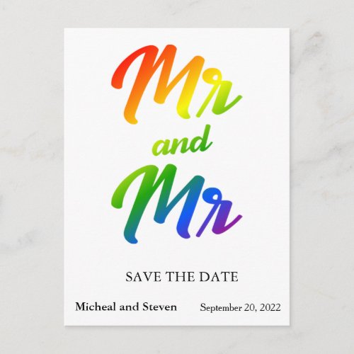 Save the Date Rainbow Mr and Mr  Announcement Postcard