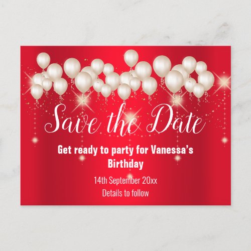 Save the Date Red Balloons Sparkle All Occassion Announcement Postcard