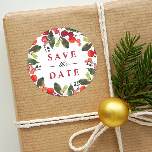 Save the Date Red Christmas Greenery Wreath Classic Round Sticker (Creator Uploaded)