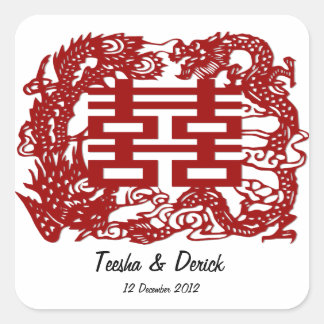 save the date red double happiness wedding square sticker