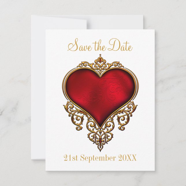 Save the Date Red Gold Heart White (Front)