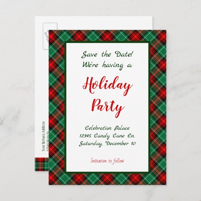 Save the Date Red Green Plaid Editable Postcard (Front/Back)