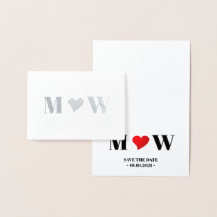 Save the date red heart custom couple monogram foil card