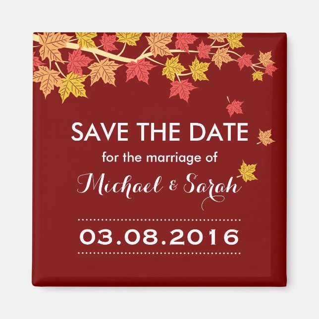 Save The Date Red Maple Leaves Fall Wedding Magnet (Front)