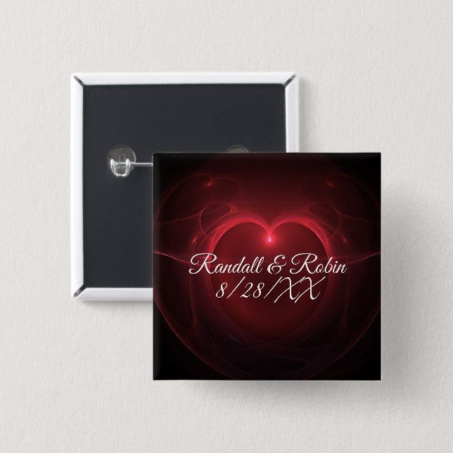 Save The Date Red Outline Center Heart On Black Pinback Button (Front & Back)