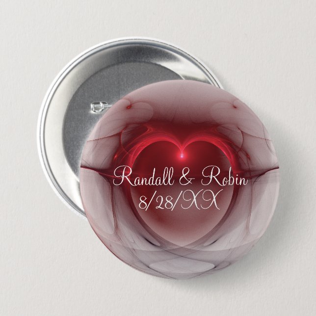 Save The Date Red Outline Lighted Heart Pinback Button (Front & Back)