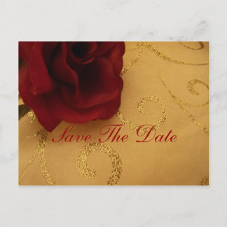 Save The Date Red Rose Gold swirl Postcard