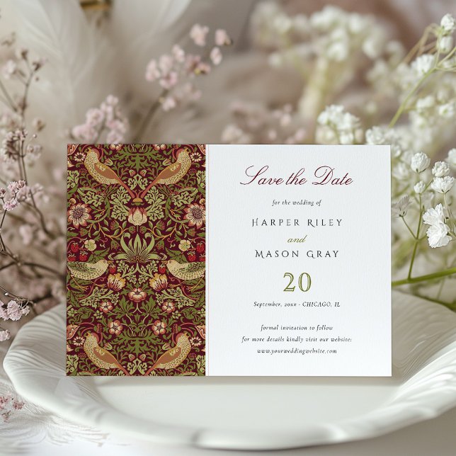 Save the Date Red Strawberry Thief Wedding Invitation (Creator Uploaded)
