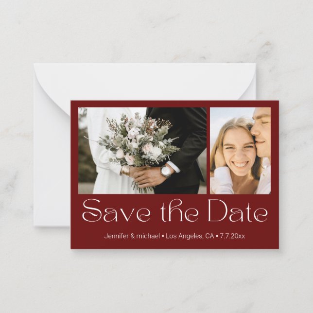 save the date red white 2 photos collage wedding  note card (Front)